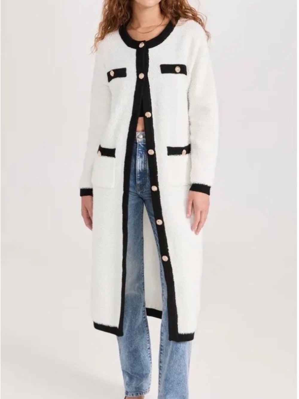Line & Dot White Long Knit Coatigan with Black Trim and Gold Buttons